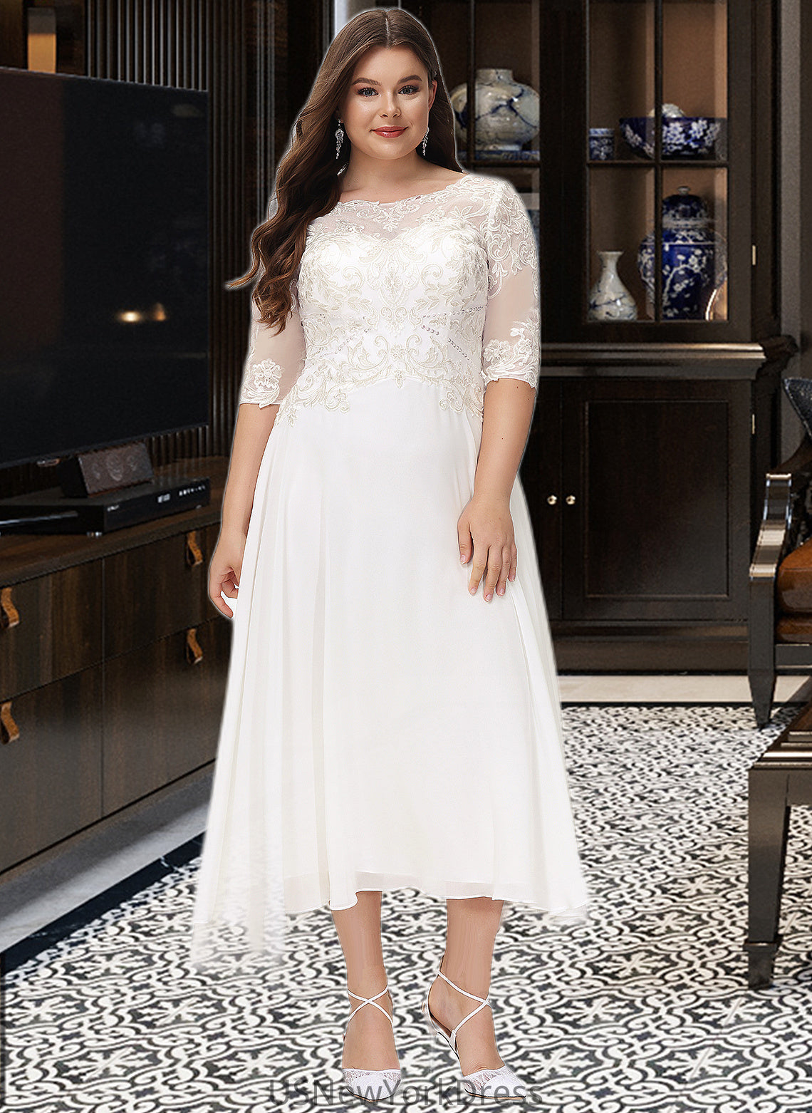 Kassandra A-Line Scoop Neck Asymmetrical Chiffon Wedding Dress With Beading Sequins DJP0013686