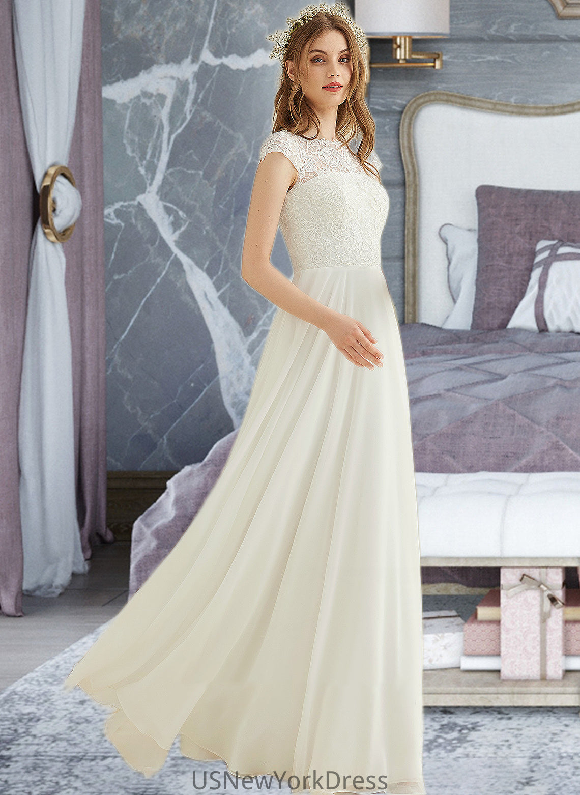 Autumn A-Line Floor-Length Chiffon Lace Wedding Dress DJP0013687