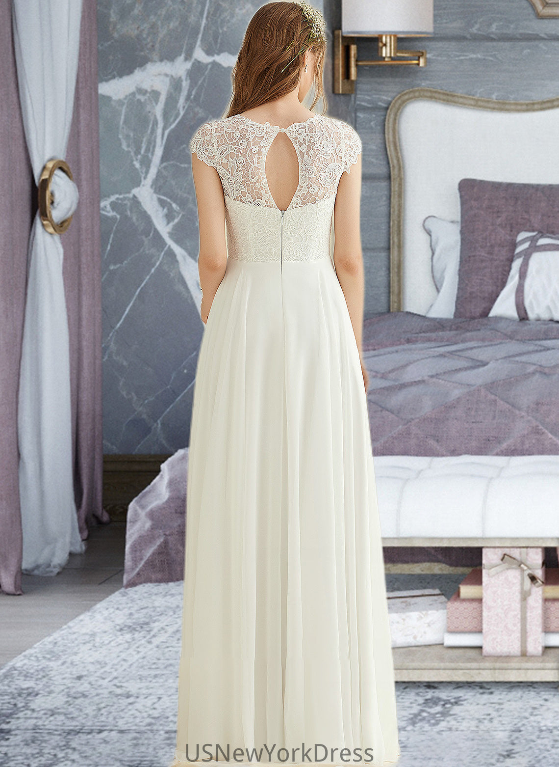 Autumn A-Line Floor-Length Chiffon Lace Wedding Dress DJP0013687