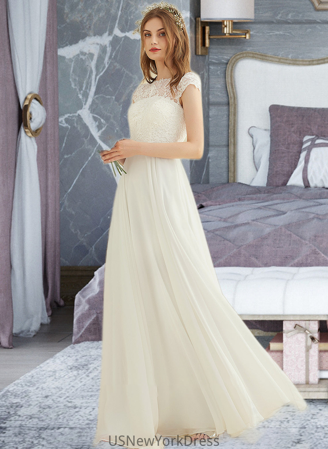 Autumn A-Line Floor-Length Chiffon Lace Wedding Dress DJP0013687