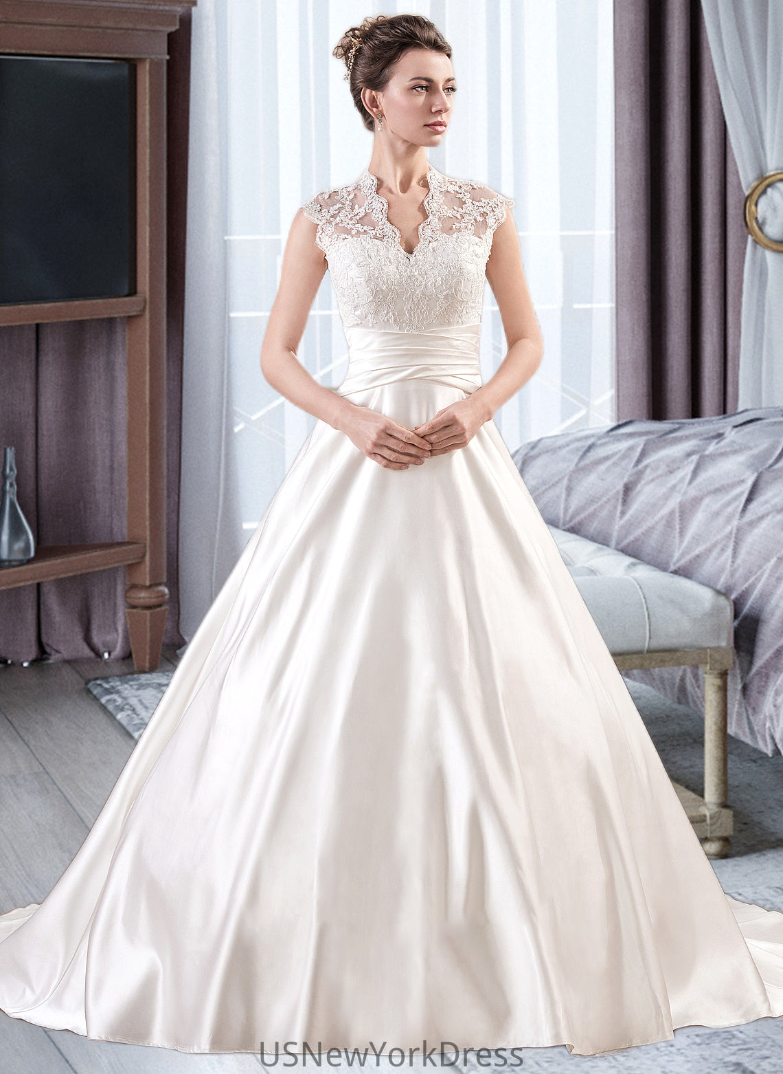 Teresa Ball-Gown/Princess V-neck Court Train Satin Lace Wedding Dress With Ruffle DJP0013688