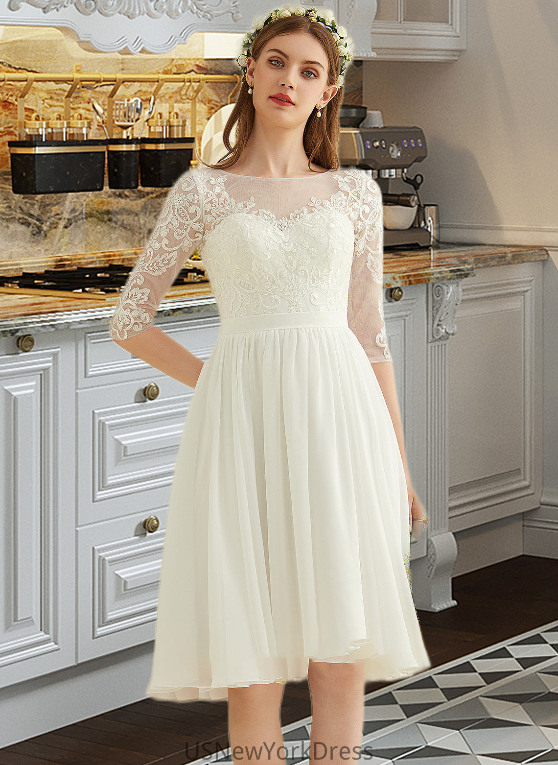 Jillian A-Line Knee-Length Chiffon Lace Wedding Dress With Sequins DJP0013689