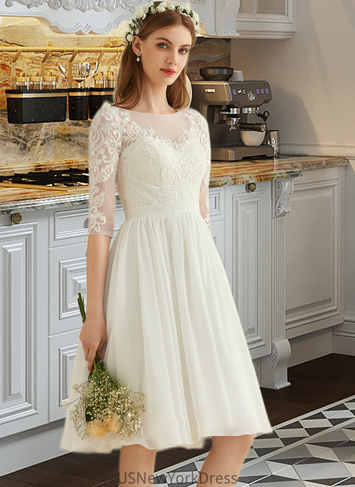 Jillian A-Line Knee-Length Chiffon Lace Wedding Dress With Sequins DJP0013689