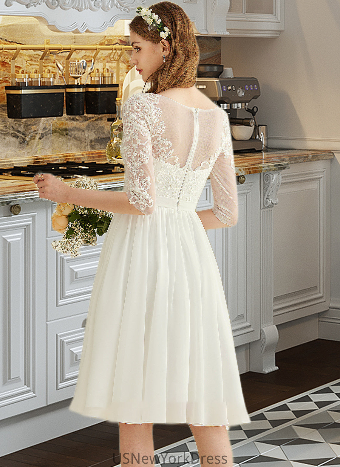 Jillian A-Line Knee-Length Chiffon Lace Wedding Dress With Sequins DJP0013689