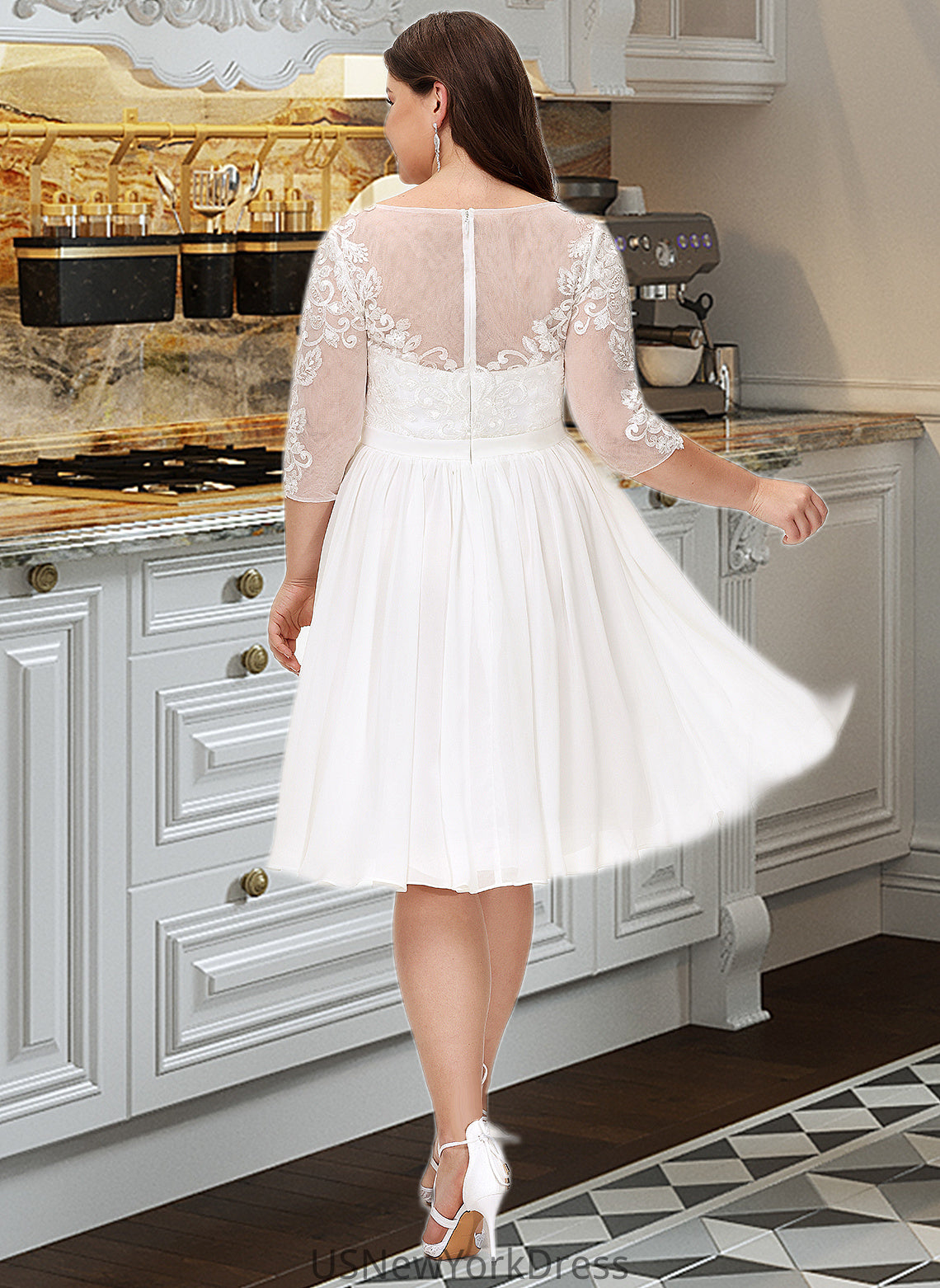 Jillian A-Line Knee-Length Chiffon Lace Wedding Dress With Sequins DJP0013689