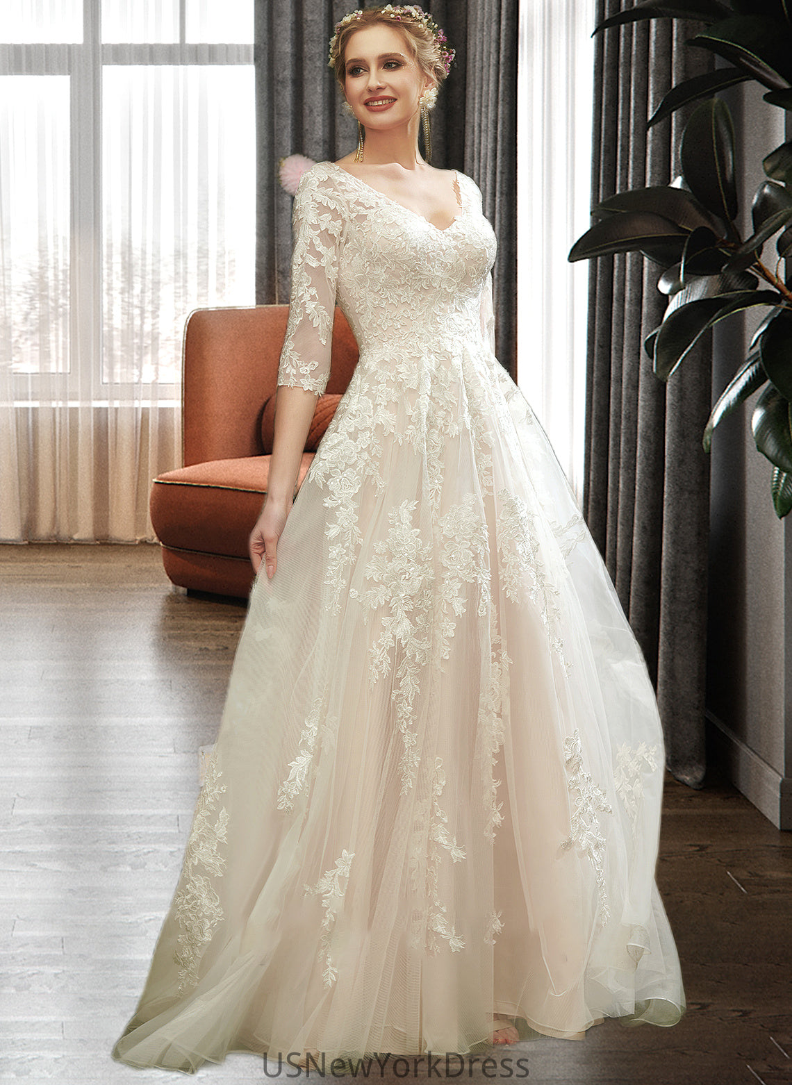 Julianne A-Line V-neck Court Train Wedding Dress With Sequins DJP0013690