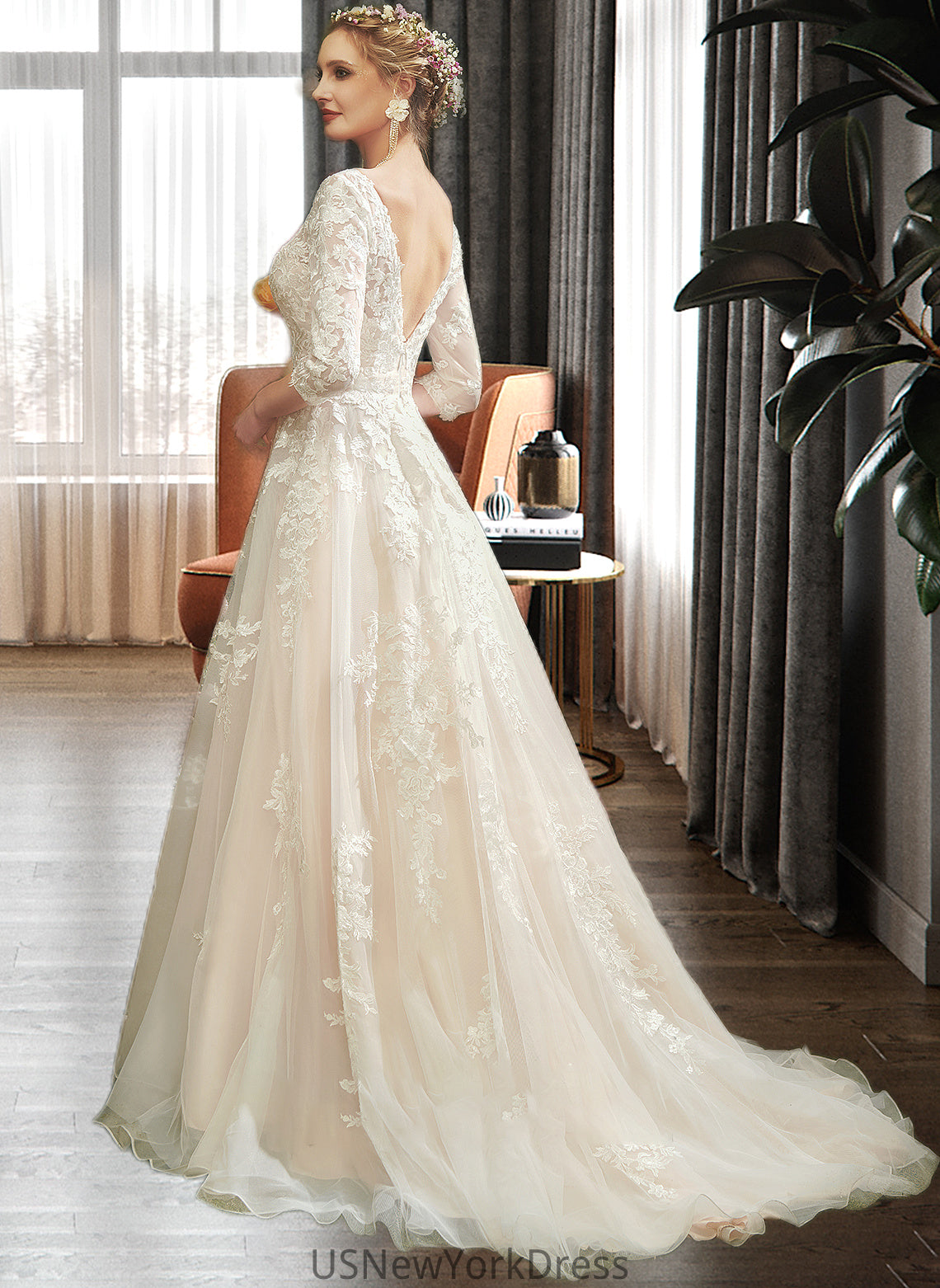 Julianne A-Line V-neck Court Train Wedding Dress With Sequins DJP0013690