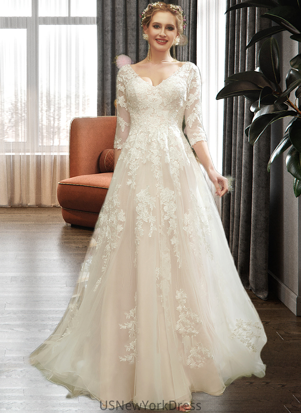 Julianne A-Line V-neck Court Train Wedding Dress With Sequins DJP0013690