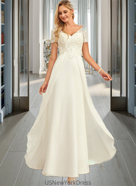 Kaitlynn A-Line V-neck Floor-Length Chiffon Lace Wedding Dress With Lace DJP0013691