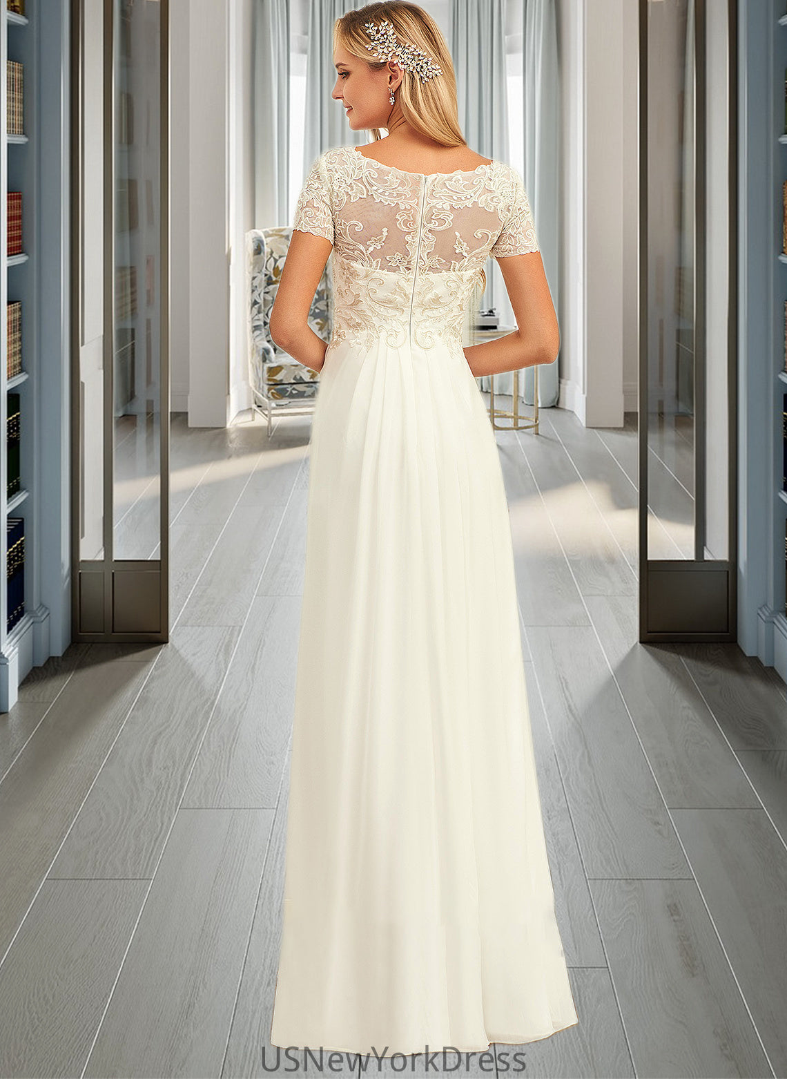 Kaitlynn A-Line V-neck Floor-Length Chiffon Lace Wedding Dress With Lace DJP0013691