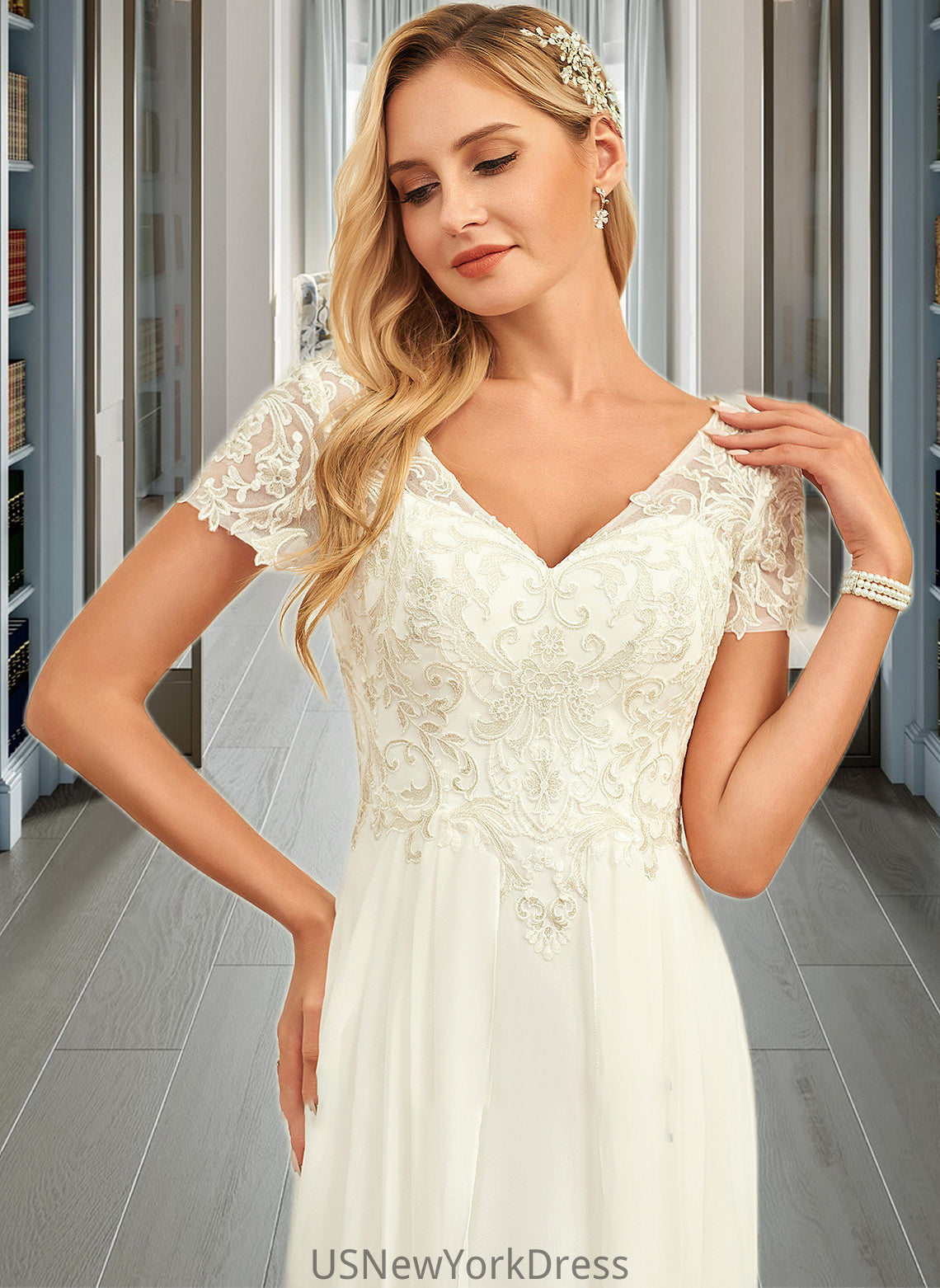 Kaitlynn A-Line V-neck Floor-Length Chiffon Lace Wedding Dress With Lace DJP0013691