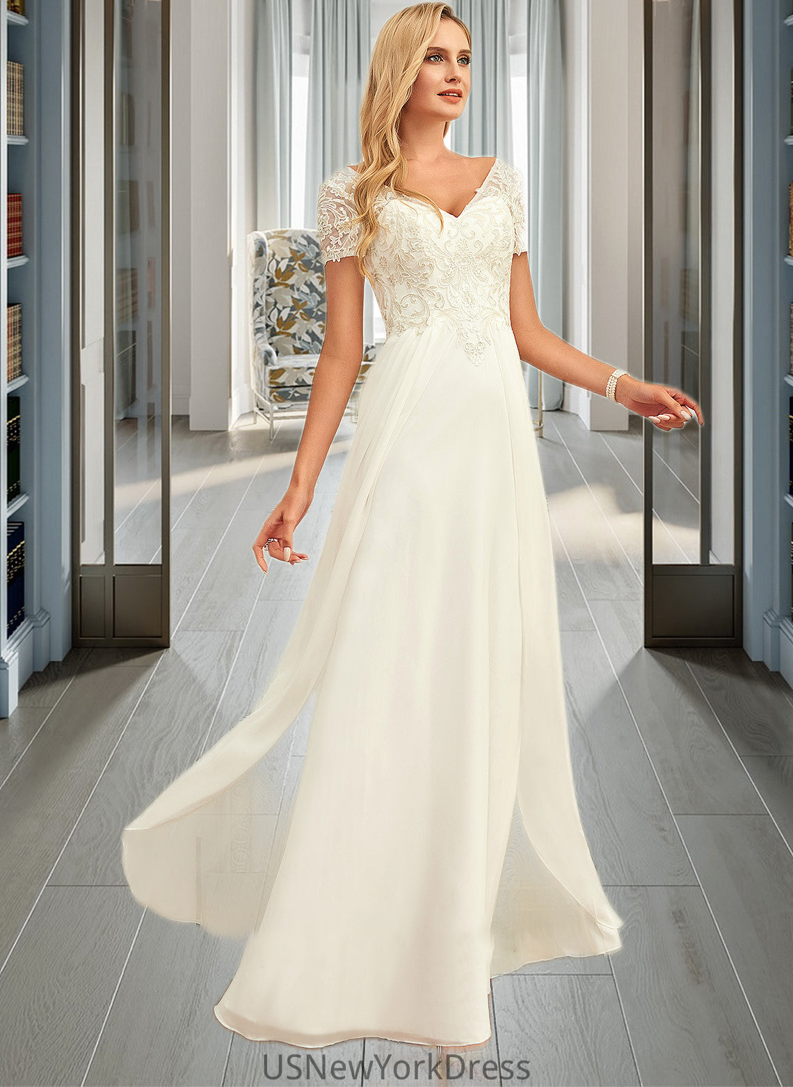 Kaitlynn A-Line V-neck Floor-Length Chiffon Lace Wedding Dress With Lace DJP0013691