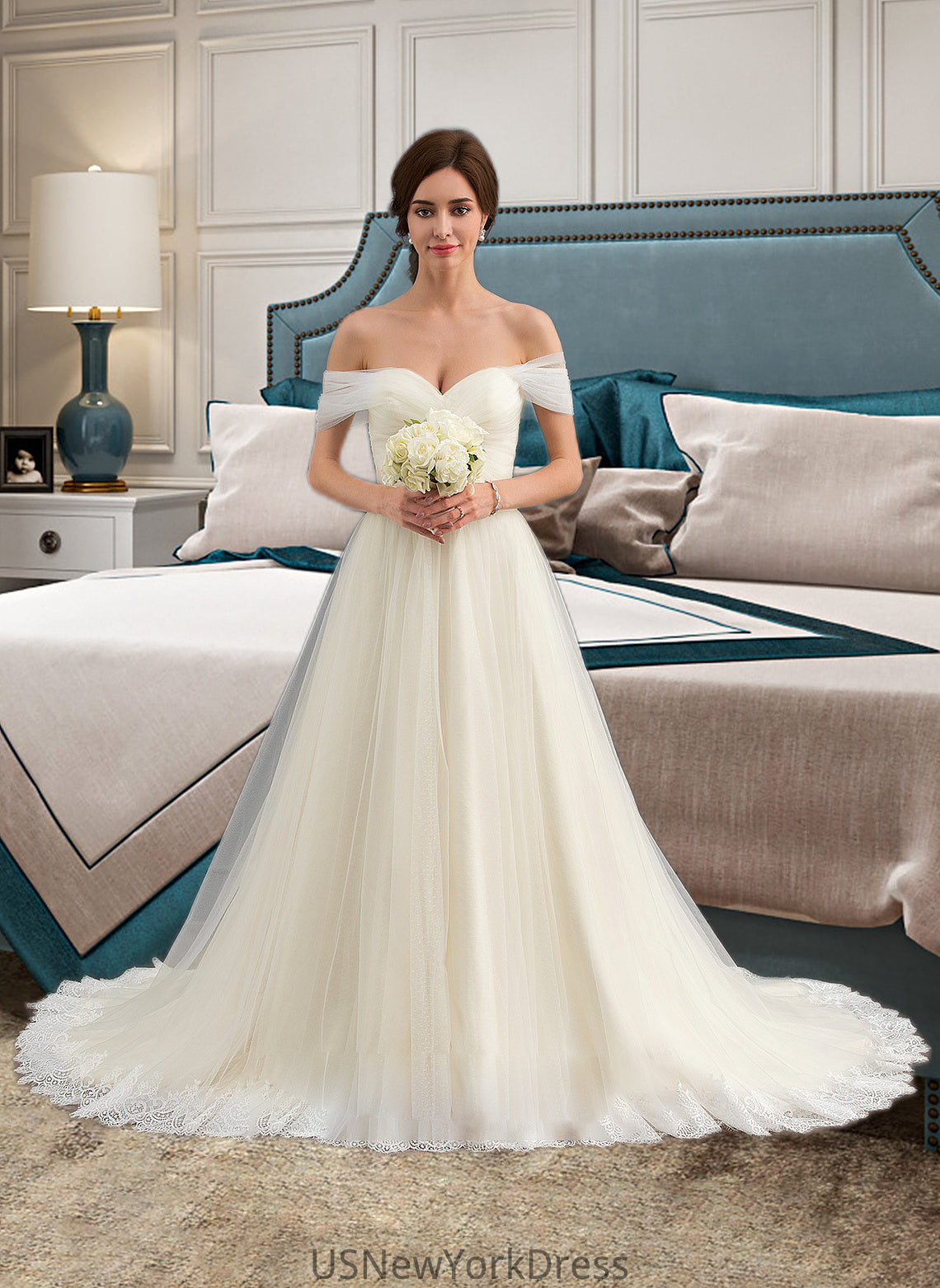 Ayanna Ball-Gown/Princess Off-the-Shoulder Court Train Tulle Lace Wedding Dress With Ruffle DJP0013692