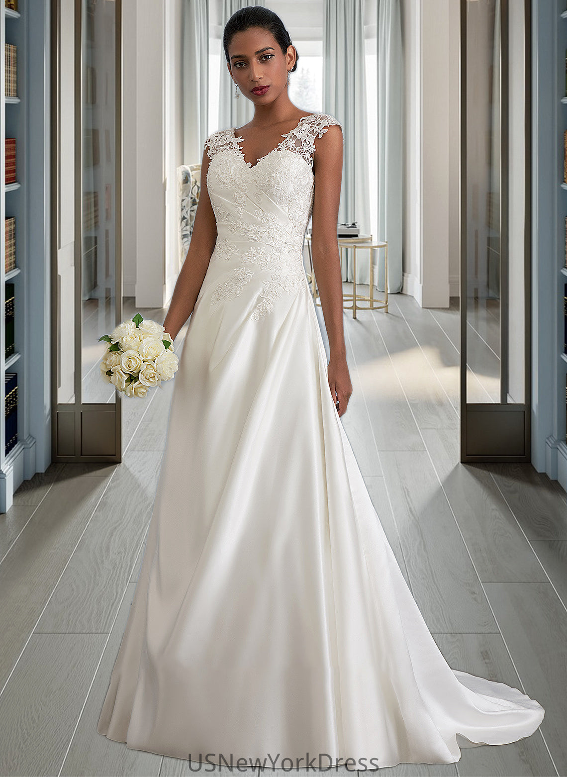 Izabella Ball-Gown/Princess V-neck Sweep Train Satin Wedding Dress With Ruffle Beading Sequins DJP0013693