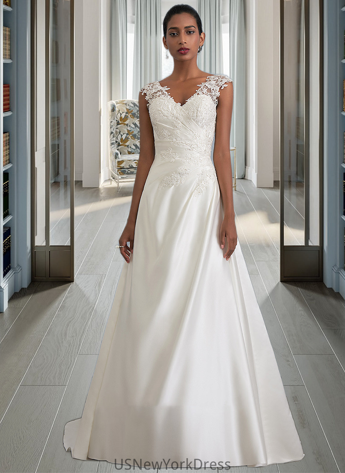 Izabella Ball-Gown/Princess V-neck Sweep Train Satin Wedding Dress With Ruffle Beading Sequins DJP0013693