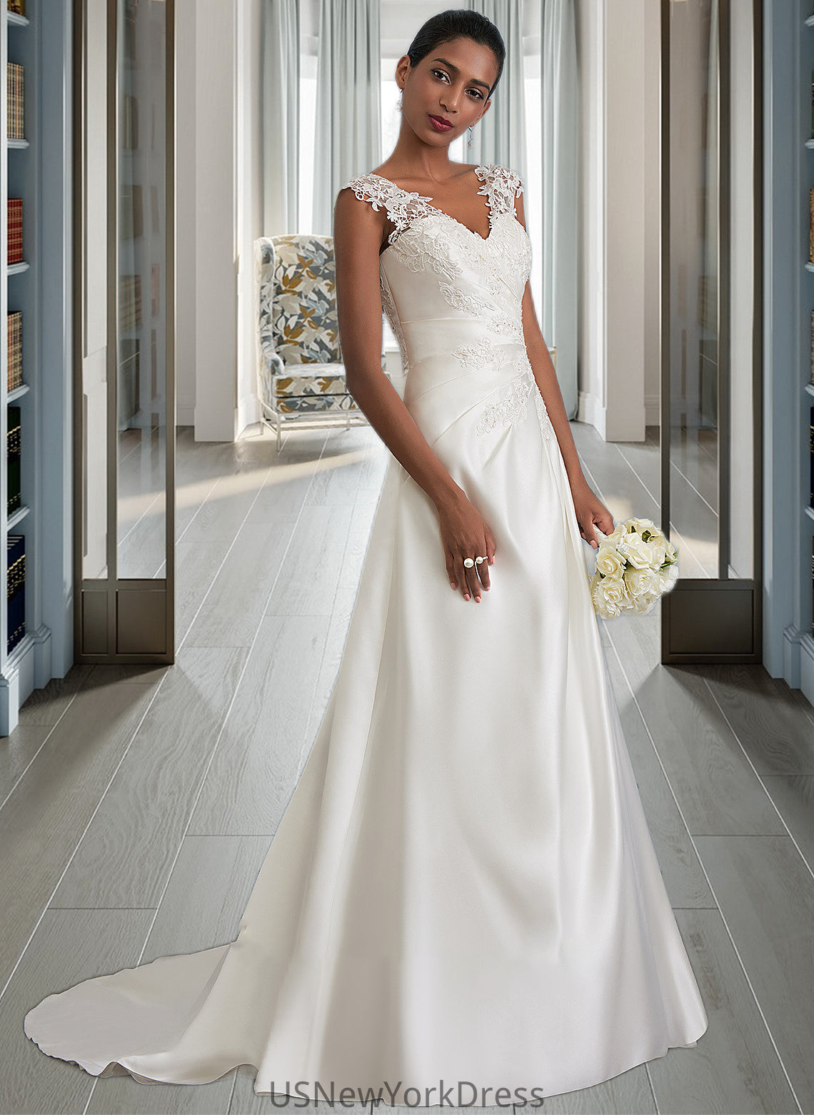 Izabella Ball-Gown/Princess V-neck Sweep Train Satin Wedding Dress With Ruffle Beading Sequins DJP0013693