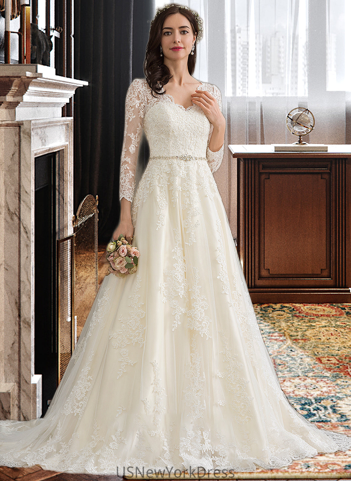 Gloria Ball-Gown/Princess V-neck Chapel Train Tulle Wedding Dress With Beading Sequins DJP0013695