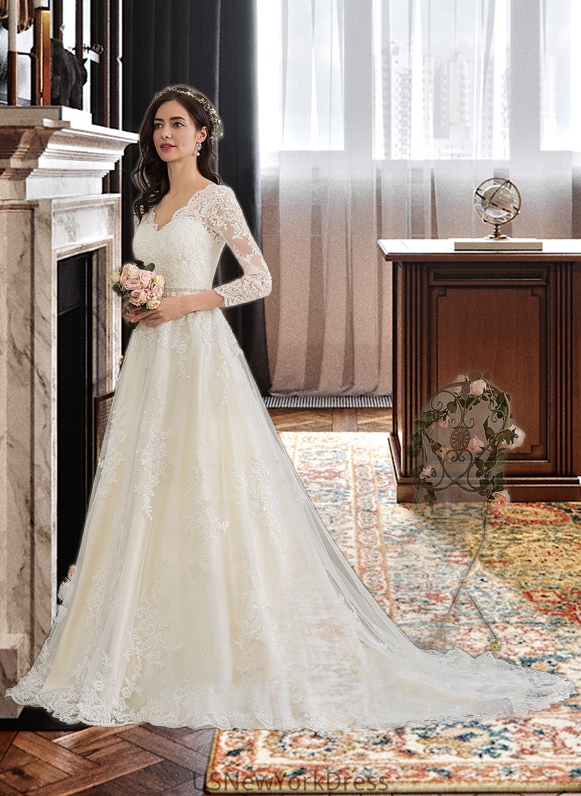 Gloria Ball-Gown/Princess V-neck Chapel Train Tulle Wedding Dress With Beading Sequins DJP0013695