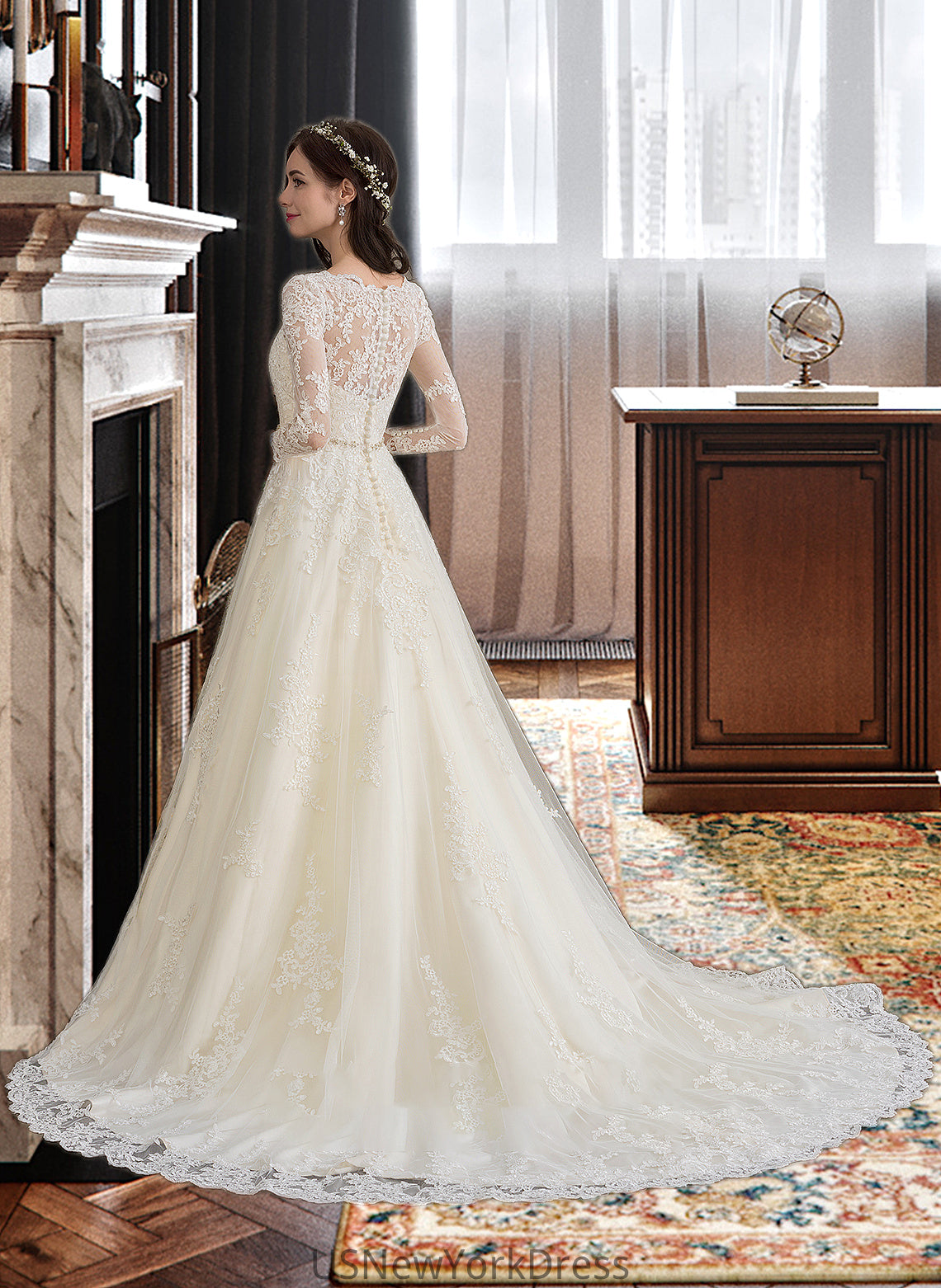 Gloria Ball-Gown/Princess V-neck Chapel Train Tulle Wedding Dress With Beading Sequins DJP0013695