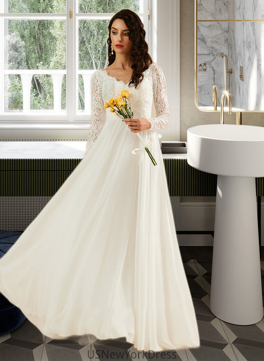 Madyson A-Line V-neck Sweep Train Wedding Dress With Lace DJP0013696