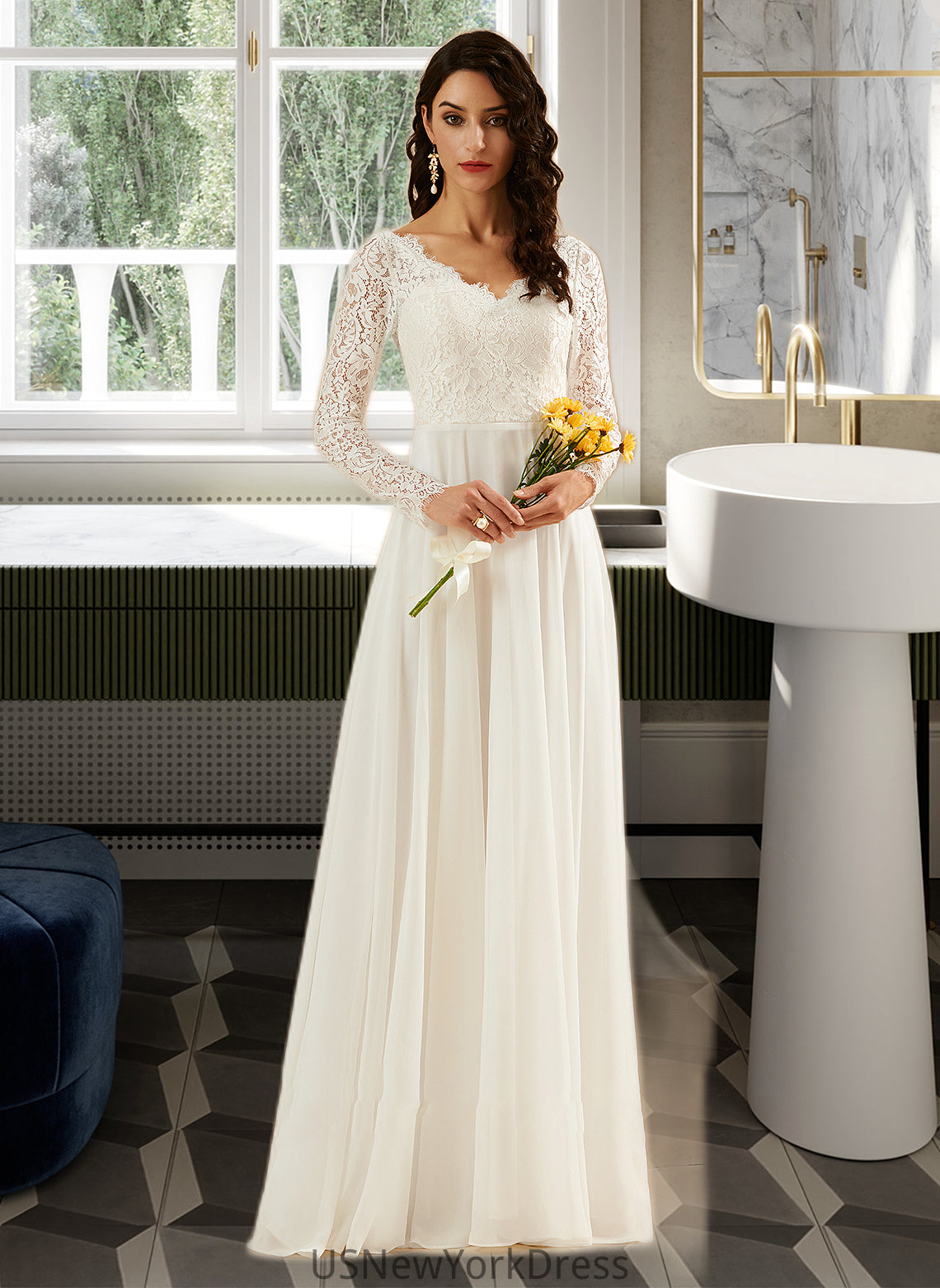 Madyson A-Line V-neck Sweep Train Wedding Dress With Lace DJP0013696