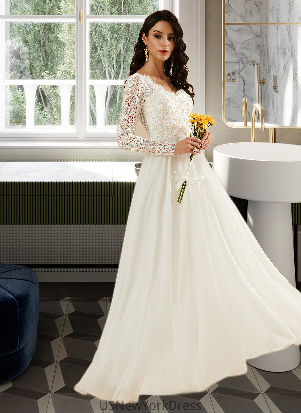 Madyson A-Line V-neck Sweep Train Wedding Dress With Lace DJP0013696