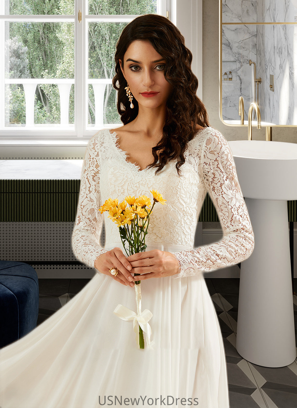 Madyson A-Line V-neck Sweep Train Wedding Dress With Lace DJP0013696