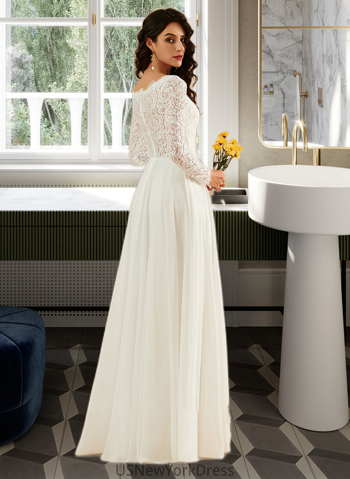 Madyson A-Line V-neck Sweep Train Wedding Dress With Lace DJP0013696