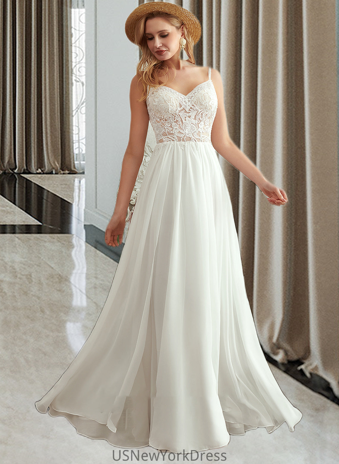 Isabella A-Line V-neck Floor-Length Wedding Dress With Beading Split Front DJP0013697