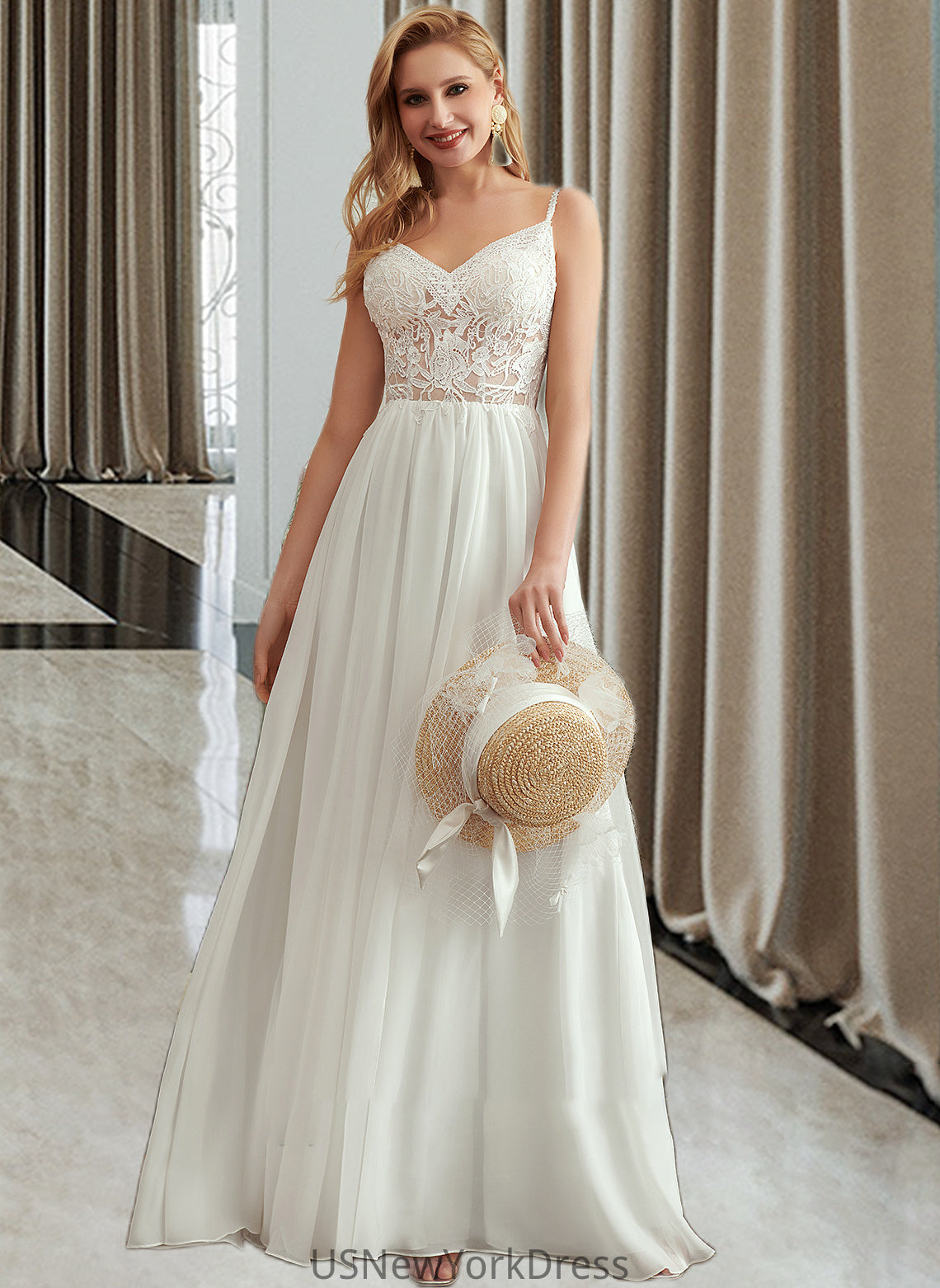 Isabella A-Line V-neck Floor-Length Wedding Dress With Beading Split Front DJP0013697