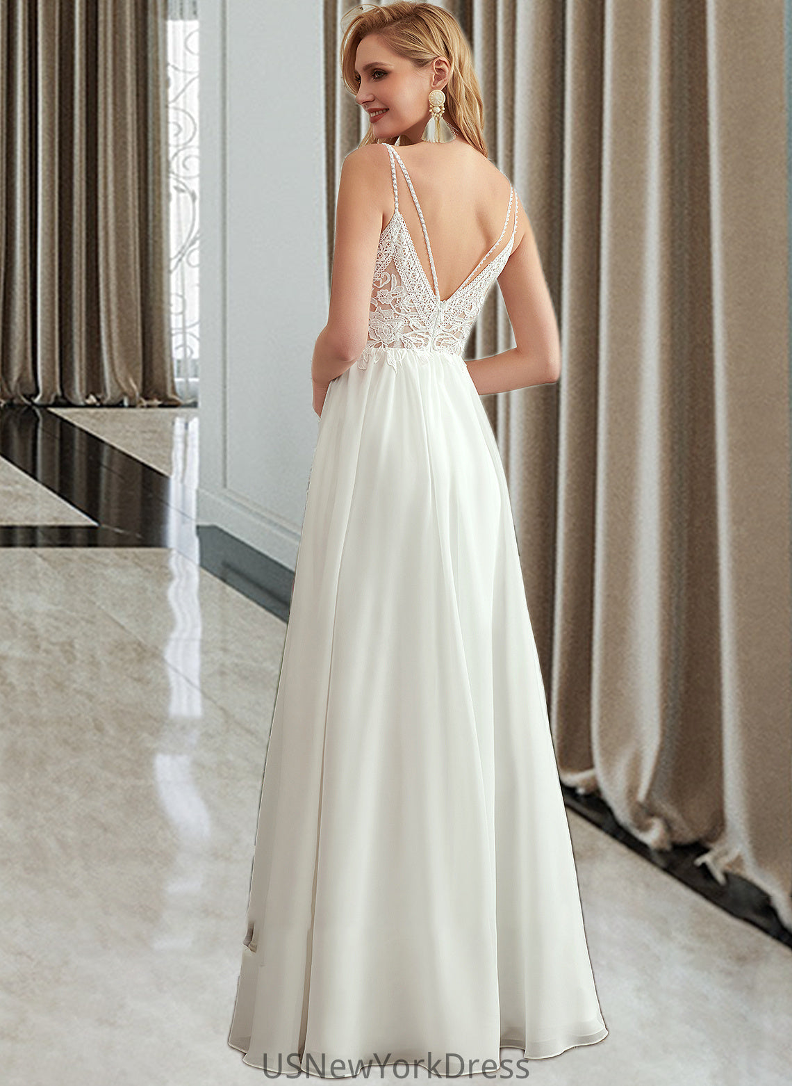 Isabella A-Line V-neck Floor-Length Wedding Dress With Beading Split Front DJP0013697