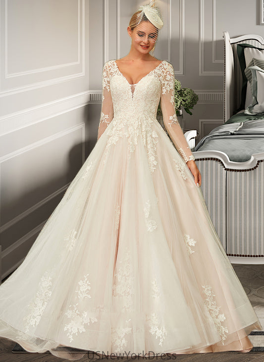 Raina Ball-Gown/Princess V-neck Sweep Train Tulle Lace Wedding Dress DJP0013698