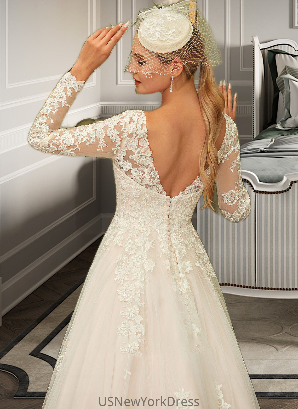 Raina Ball-Gown/Princess V-neck Sweep Train Tulle Lace Wedding Dress DJP0013698