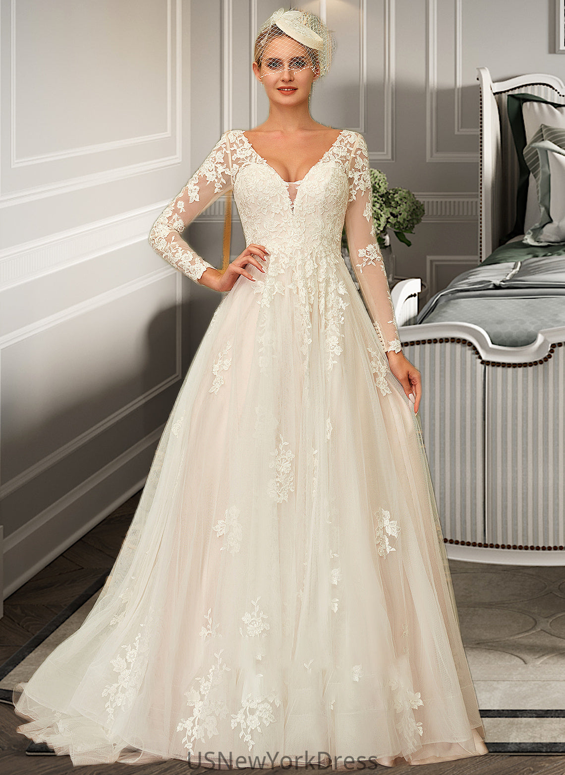 Raina Ball-Gown/Princess V-neck Sweep Train Tulle Lace Wedding Dress DJP0013698