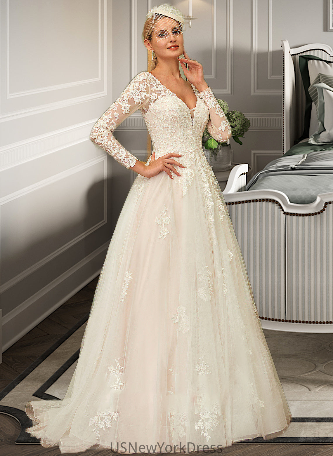 Raina Ball-Gown/Princess V-neck Sweep Train Tulle Lace Wedding Dress DJP0013698