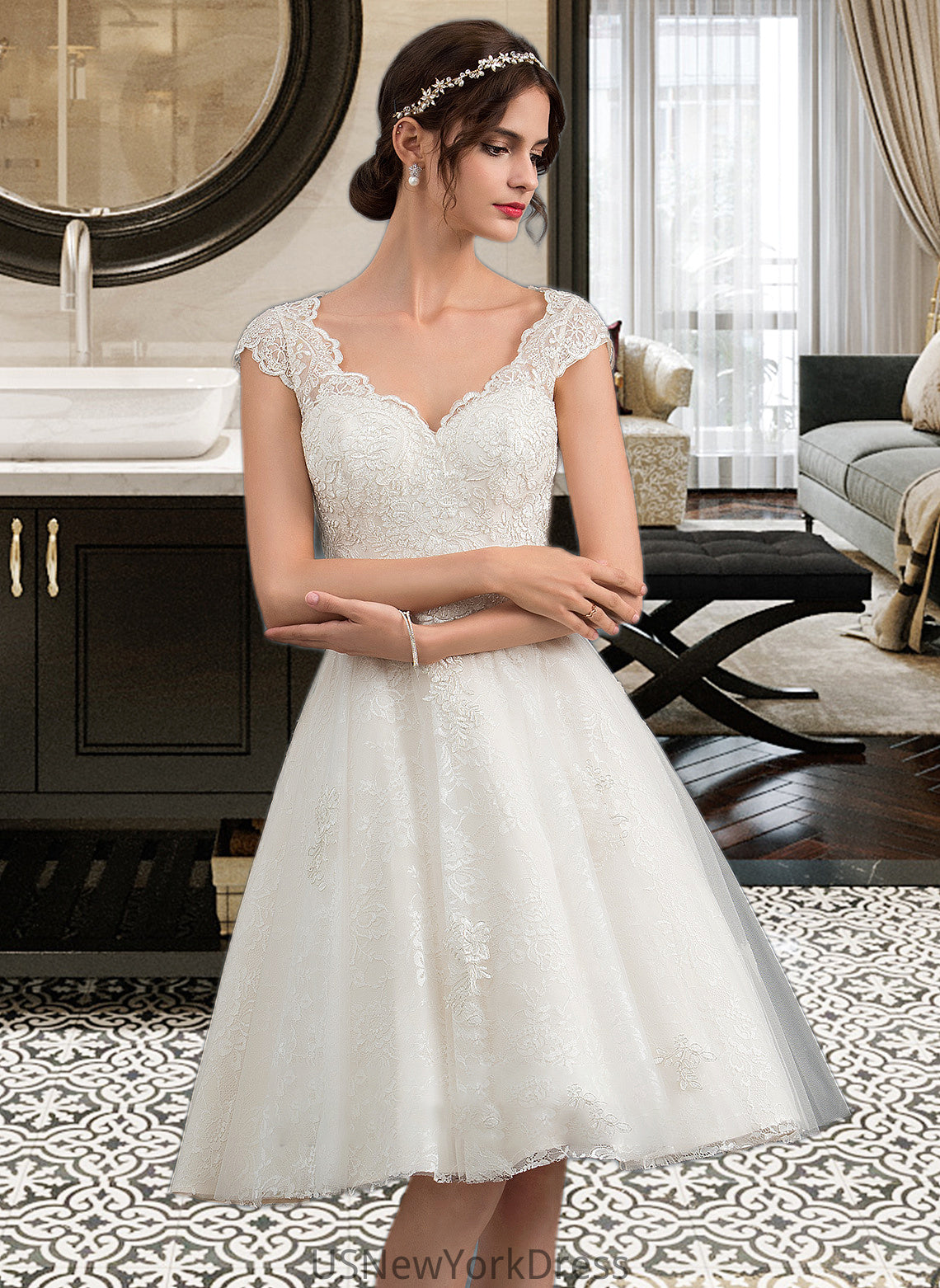 Jordan A-Line V-neck Knee-Length Tulle Lace Wedding Dress DJP0013700