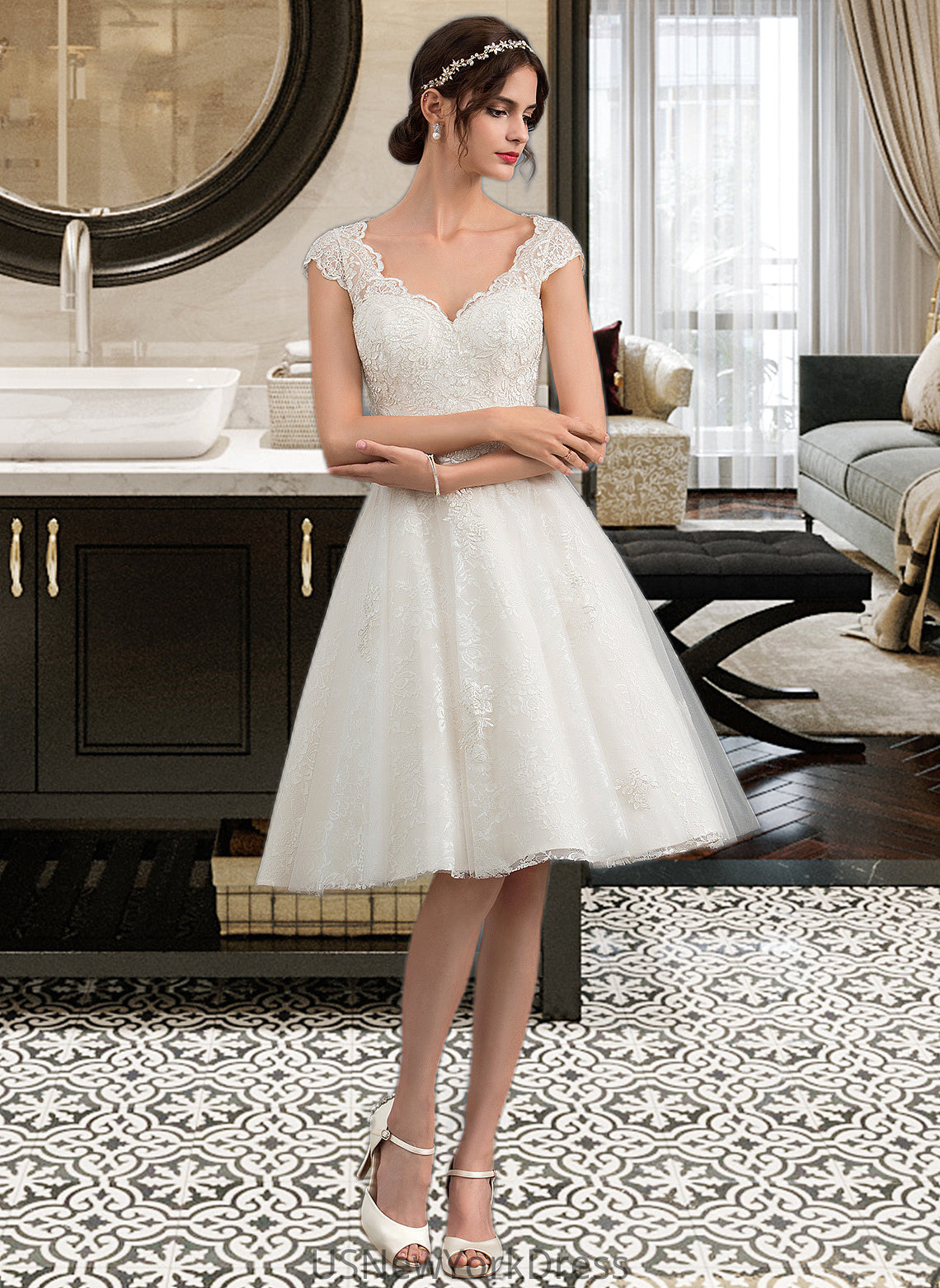 Jordan A-Line V-neck Knee-Length Tulle Lace Wedding Dress DJP0013700