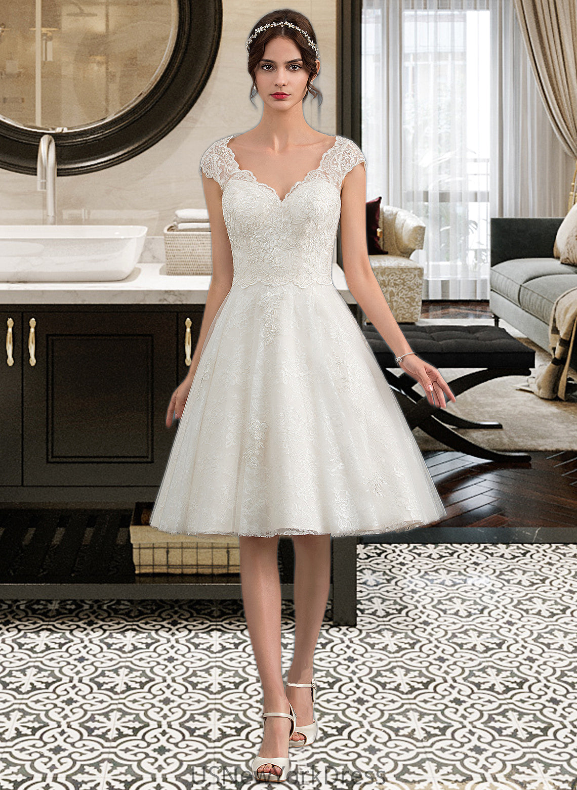 Jordan A-Line V-neck Knee-Length Tulle Lace Wedding Dress DJP0013700