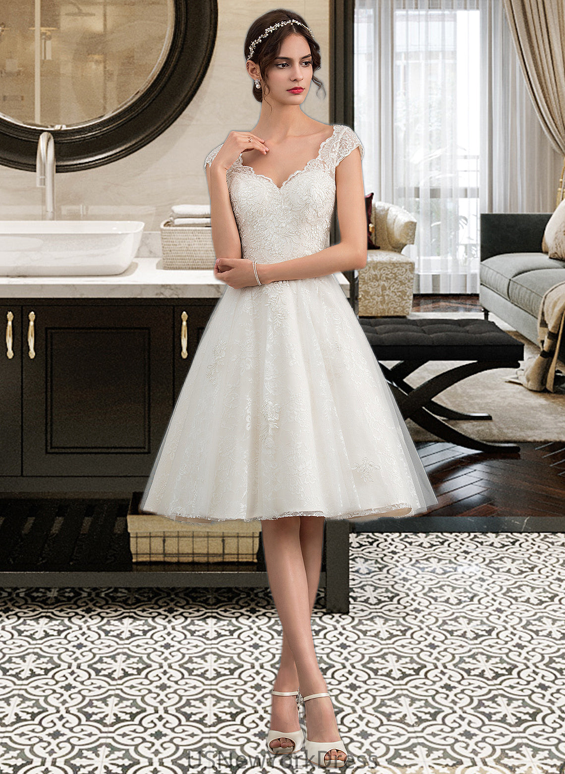 Jordan A-Line V-neck Knee-Length Tulle Lace Wedding Dress DJP0013700