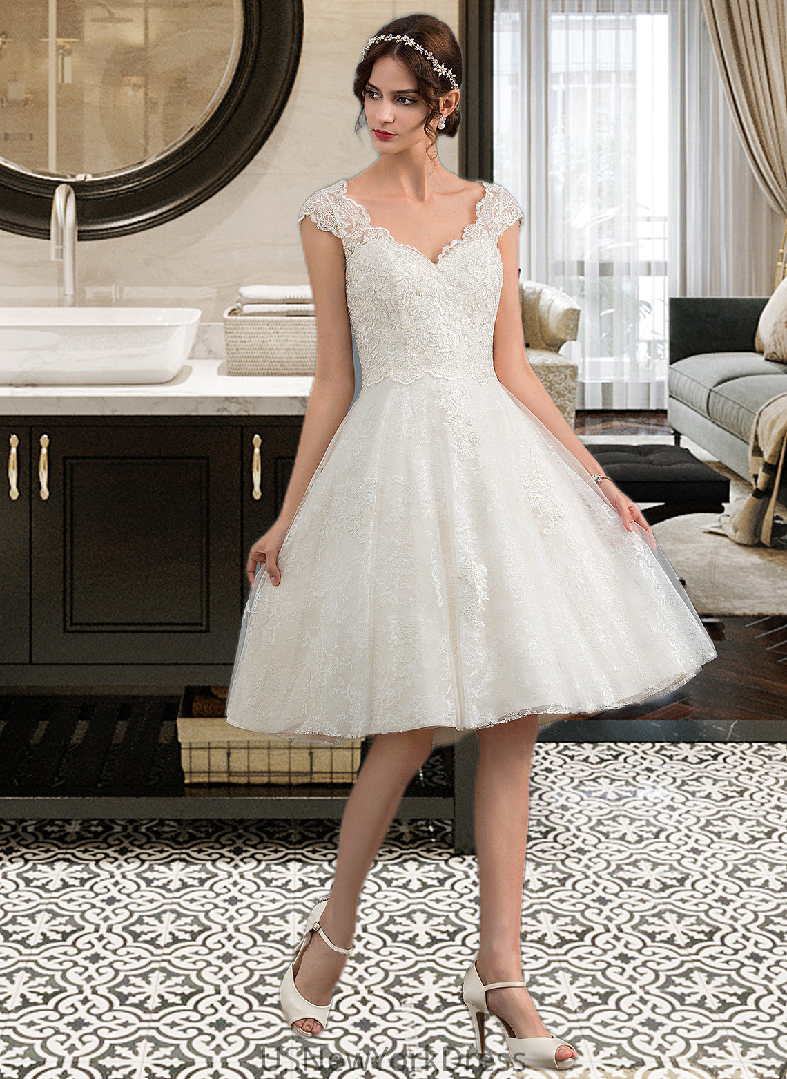 Jordan A-Line V-neck Knee-Length Tulle Lace Wedding Dress DJP0013700