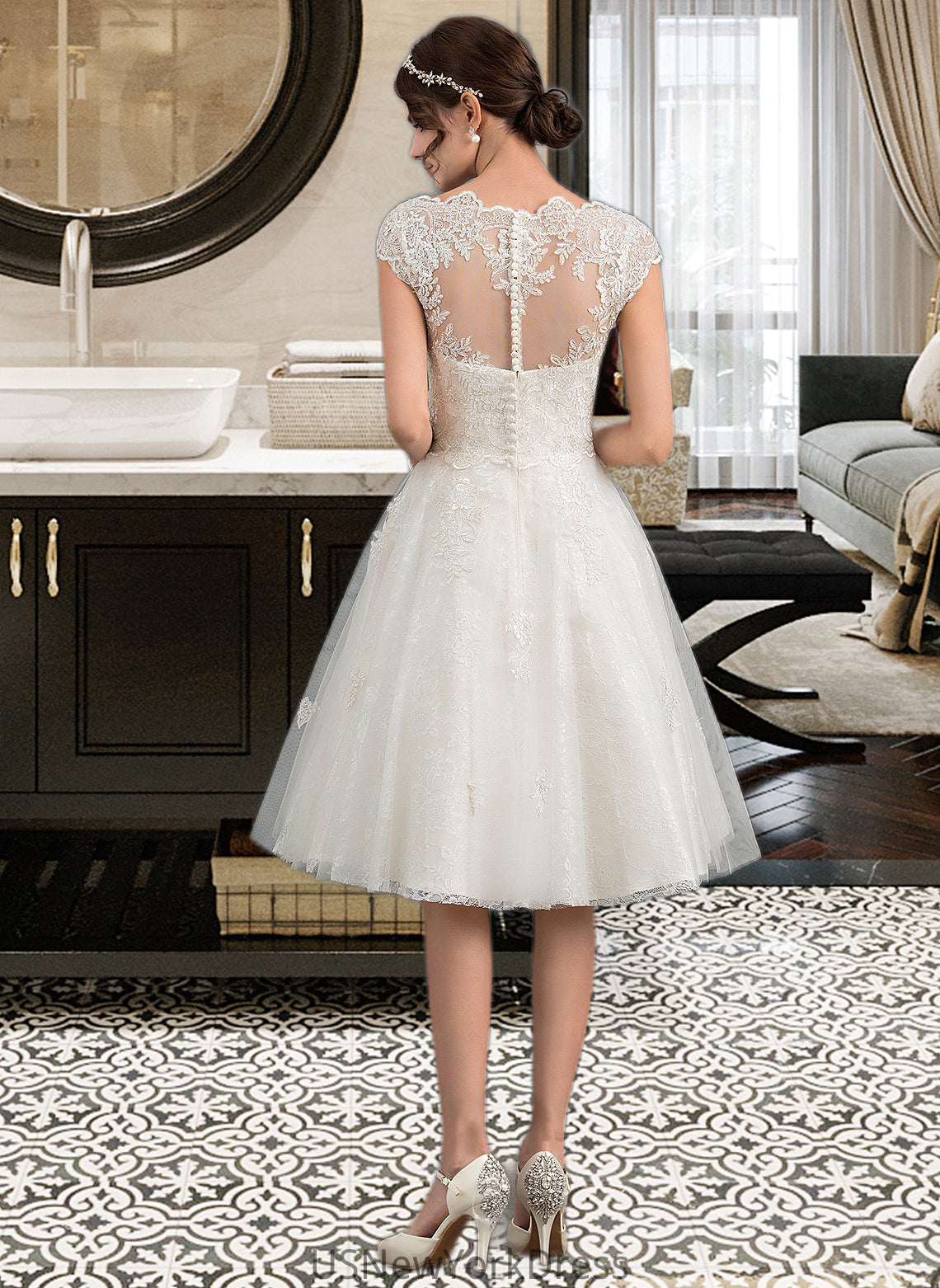 Jordan A-Line V-neck Knee-Length Tulle Lace Wedding Dress DJP0013700