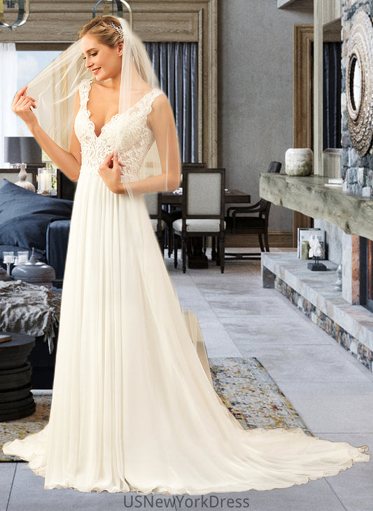 Tatum A-Line V-neck Court Train Chiffon Wedding Dress DJP0013701