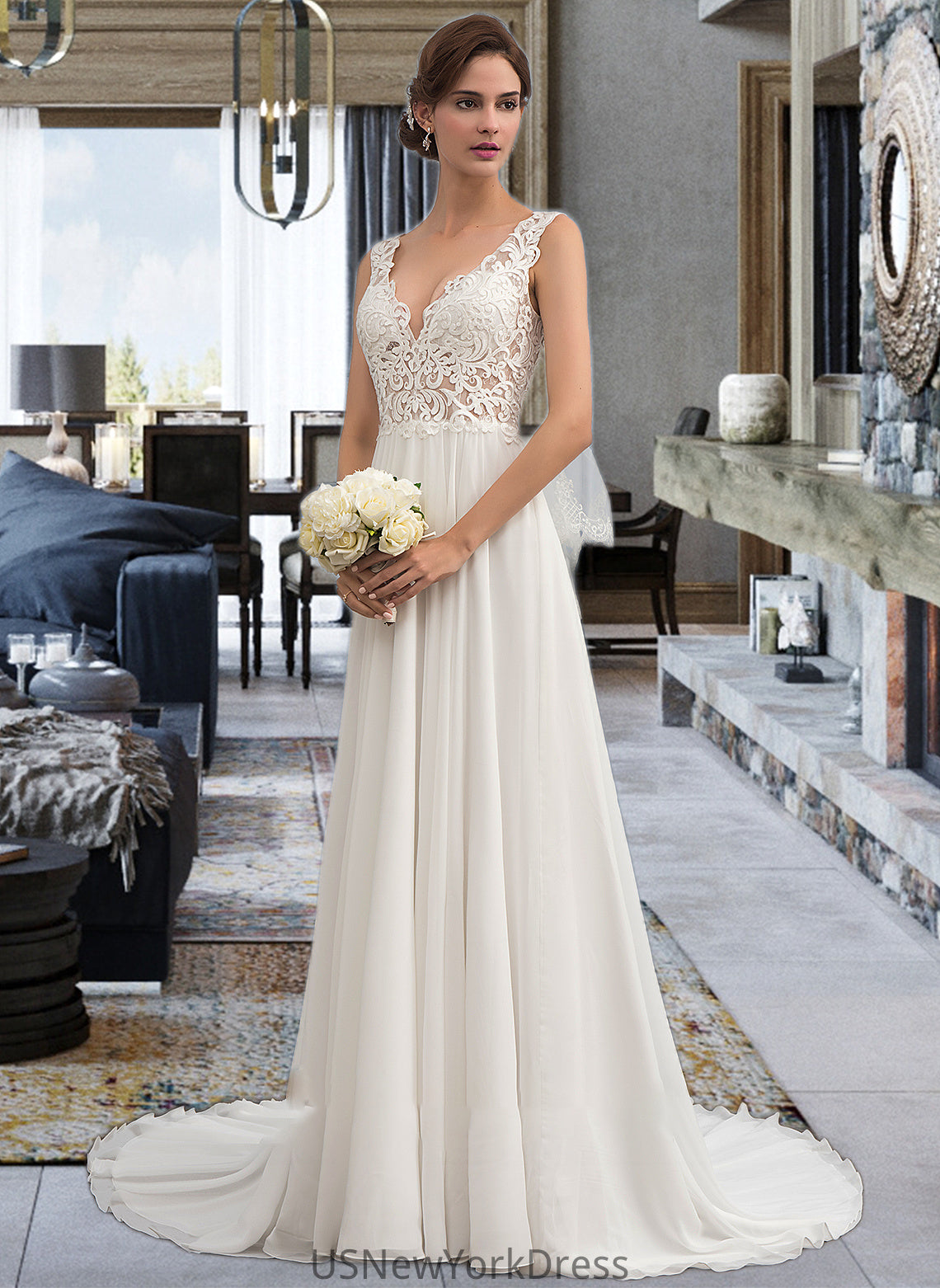 Tatum A-Line V-neck Court Train Chiffon Wedding Dress DJP0013701