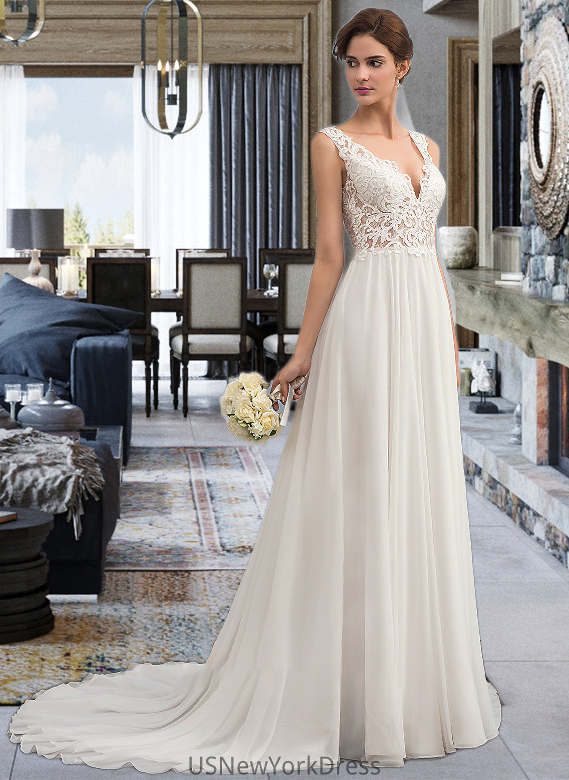 Tatum A-Line V-neck Court Train Chiffon Wedding Dress DJP0013701