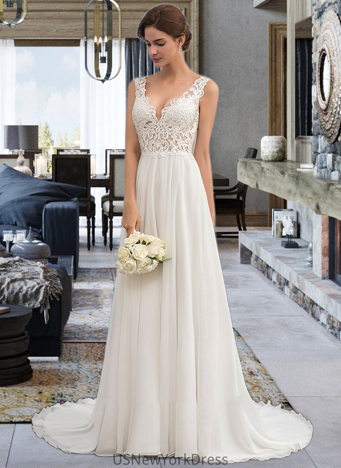 Tatum A-Line V-neck Court Train Chiffon Wedding Dress DJP0013701