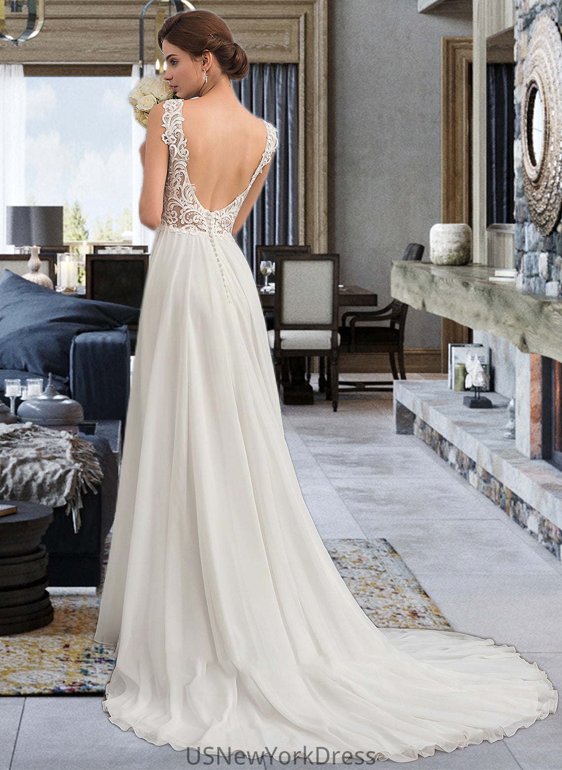 Tatum A-Line V-neck Court Train Chiffon Wedding Dress DJP0013701