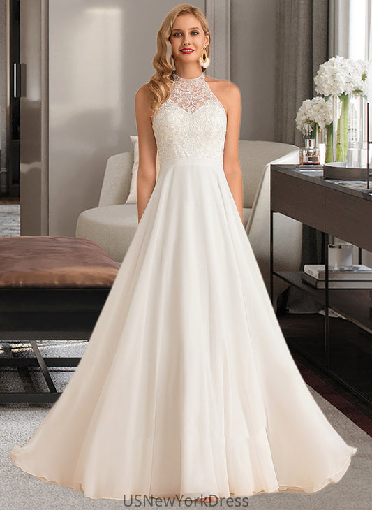 Ariana A-Line High Neck Floor-Length Chiffon Wedding Dress DJP0013702