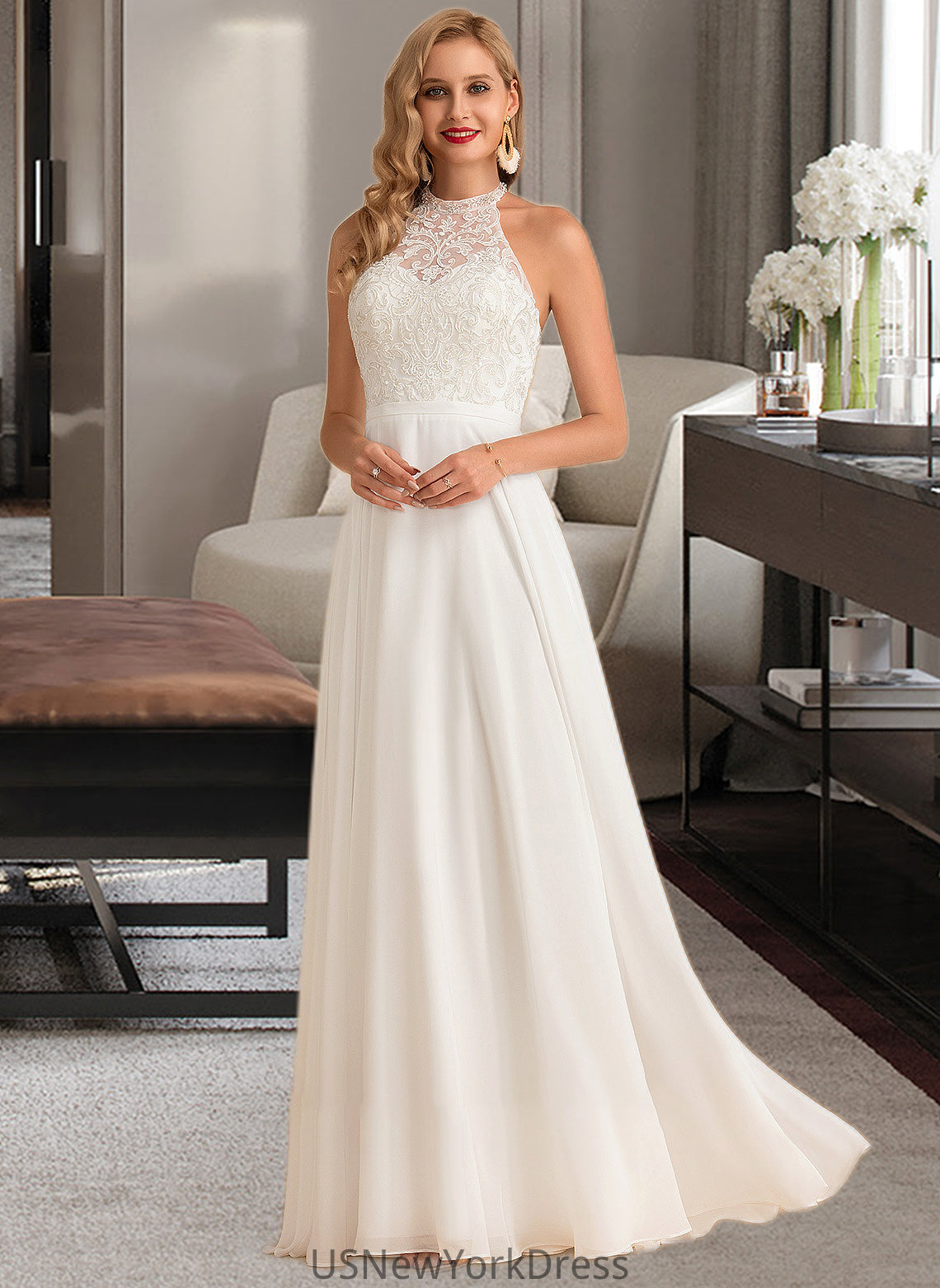 Ariana A-Line High Neck Floor-Length Chiffon Wedding Dress DJP0013702