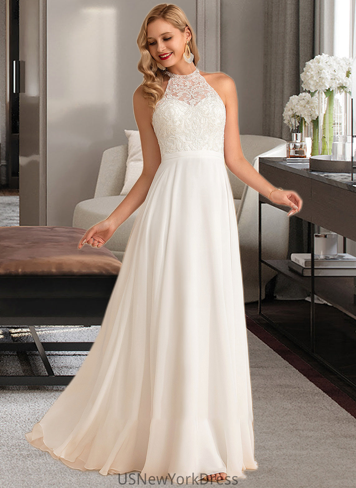 Ariana A-Line High Neck Floor-Length Chiffon Wedding Dress DJP0013702