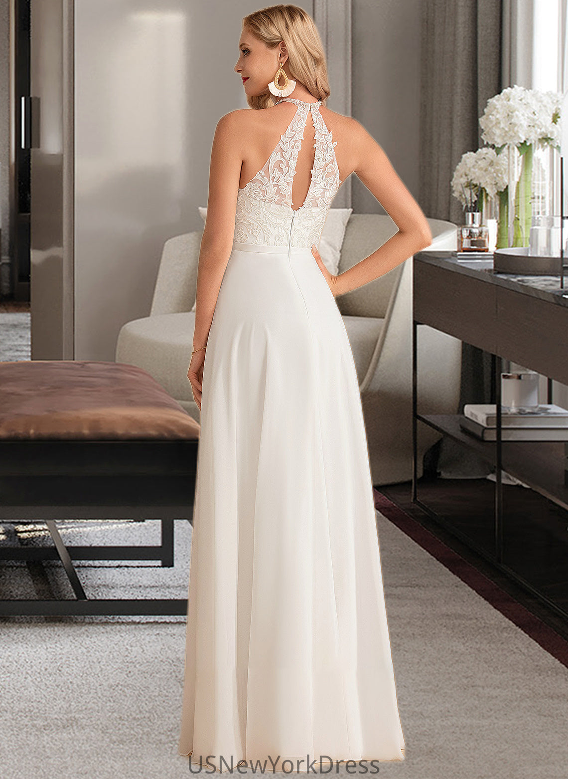 Ariana A-Line High Neck Floor-Length Chiffon Wedding Dress DJP0013702